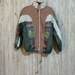 80’s 90’s Nylon Windbreaker Pastel Abstract Metallic Silver Star Patterns M